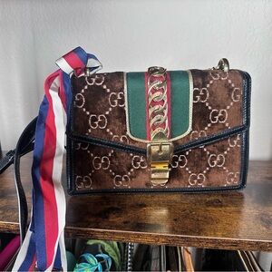 Authentic Gucci Sylvie Brown Velvet Crossbody Bag